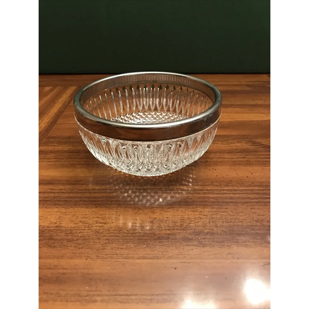 MCM pressed glass 4 1/2 bowl with‎ stainless trim